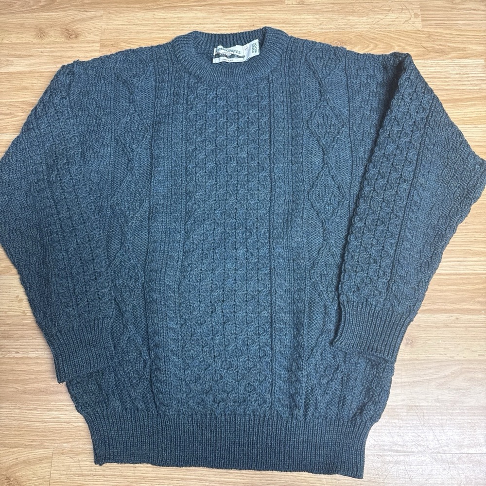 Aran Crafts Men's Cable-Knit Wool Crewneck Pullover Sweater Green Size Large